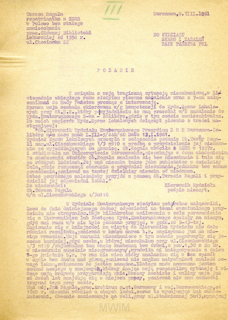 KKE 5689-1.jpg - Dok. Podanie Teresy Rogala (z domu Graszko) do Wydziału Wkarg i Aażaleń Rady Państwa PRL w sprawie przydziału mieszkaniowego, Warszawa, 8 VIII 1961 r.